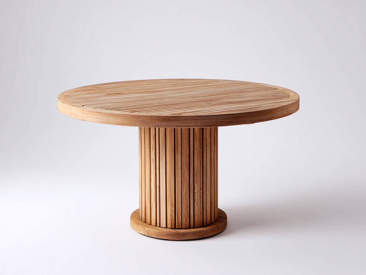 Tavolo da giardino - legno - 124 x 124 x 76 cm - naturale caldo - stile moderno con base cilindrica scanalata
