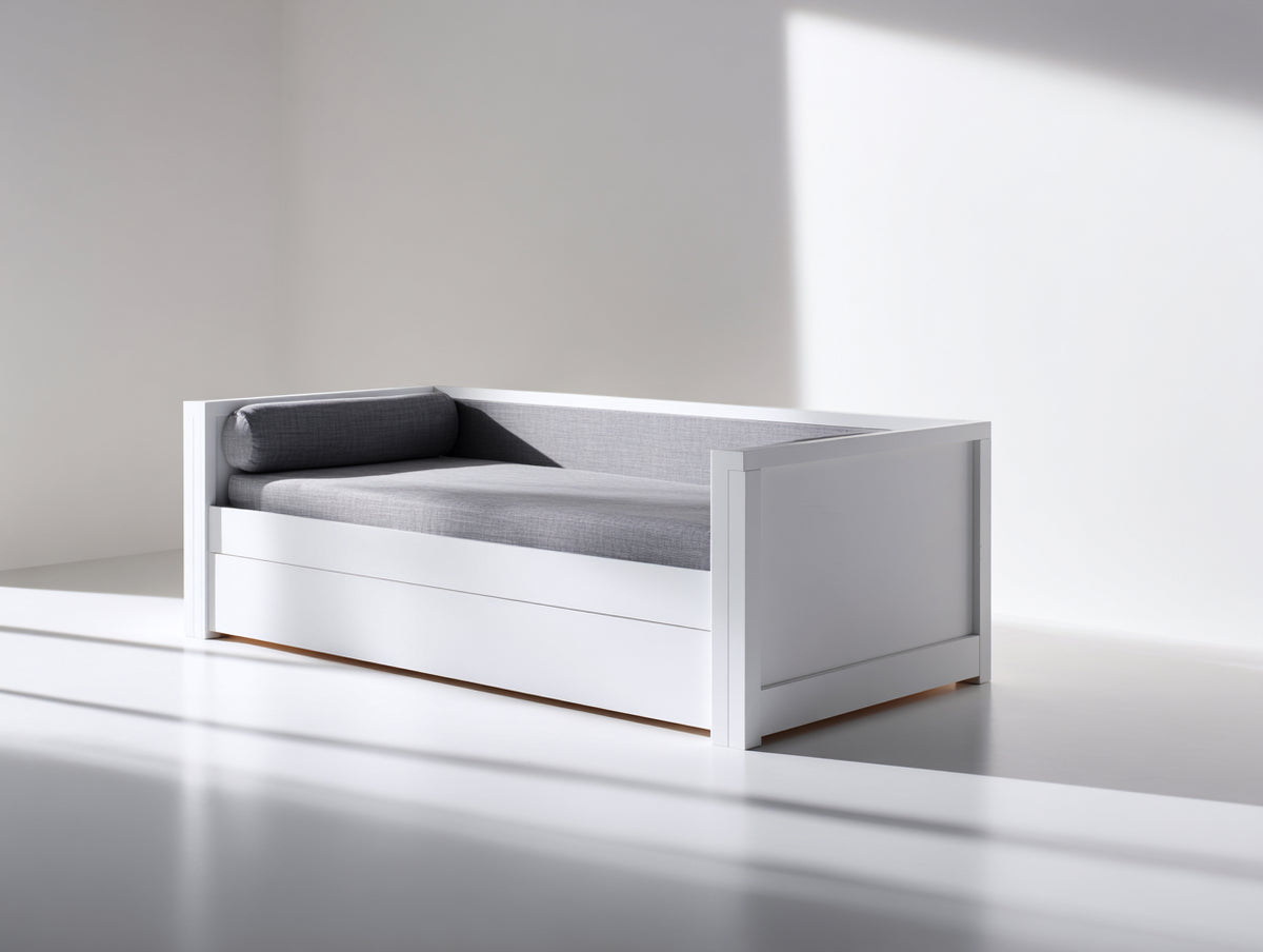 Divano letto - Legno-Tessuto - 203 x 94 x 79 cm - Bianco-Grigio chiaro - Stile moderno con struttura estraibile