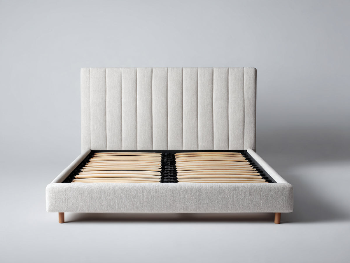 Letto matrimoniale - tessuto-legno - 218x176x116 cm - beige chiaro - stile contemporaneo